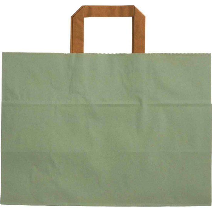 Image of: Papiertüte grün, flacher brauner Henkel, 80 g. FSC®