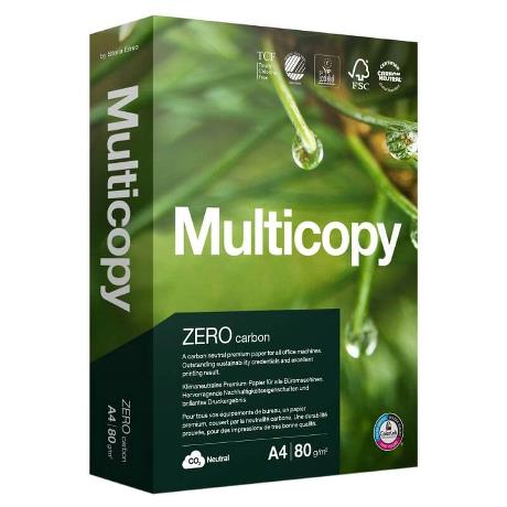 Image of: Painopaperi Eco A4, Multicopy Zero 80g. CO2 neutraali, Joutsenmerkki yms. 2500 arkin laatikko.