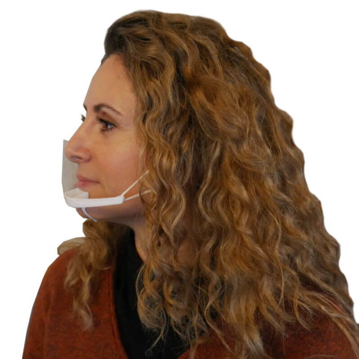 Image of: Suun ja nenän peittävä suojavisiiri/puolimaski, kirkas. Muovi, kuminauhalenkit. CE-hyväksytty