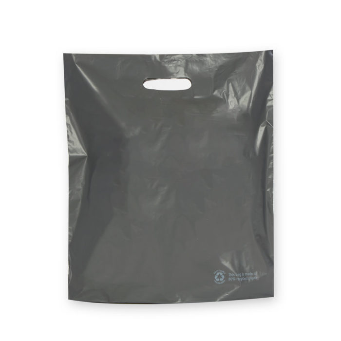 Image of: Plastpose mørkegrå med tekst: 80% resirkulert plast